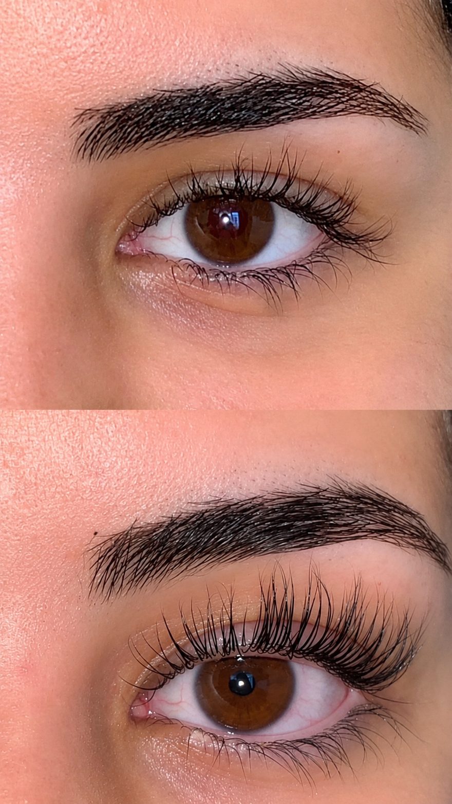 Före och efter lash lift och brow lift — elevs första försök under utbildningen