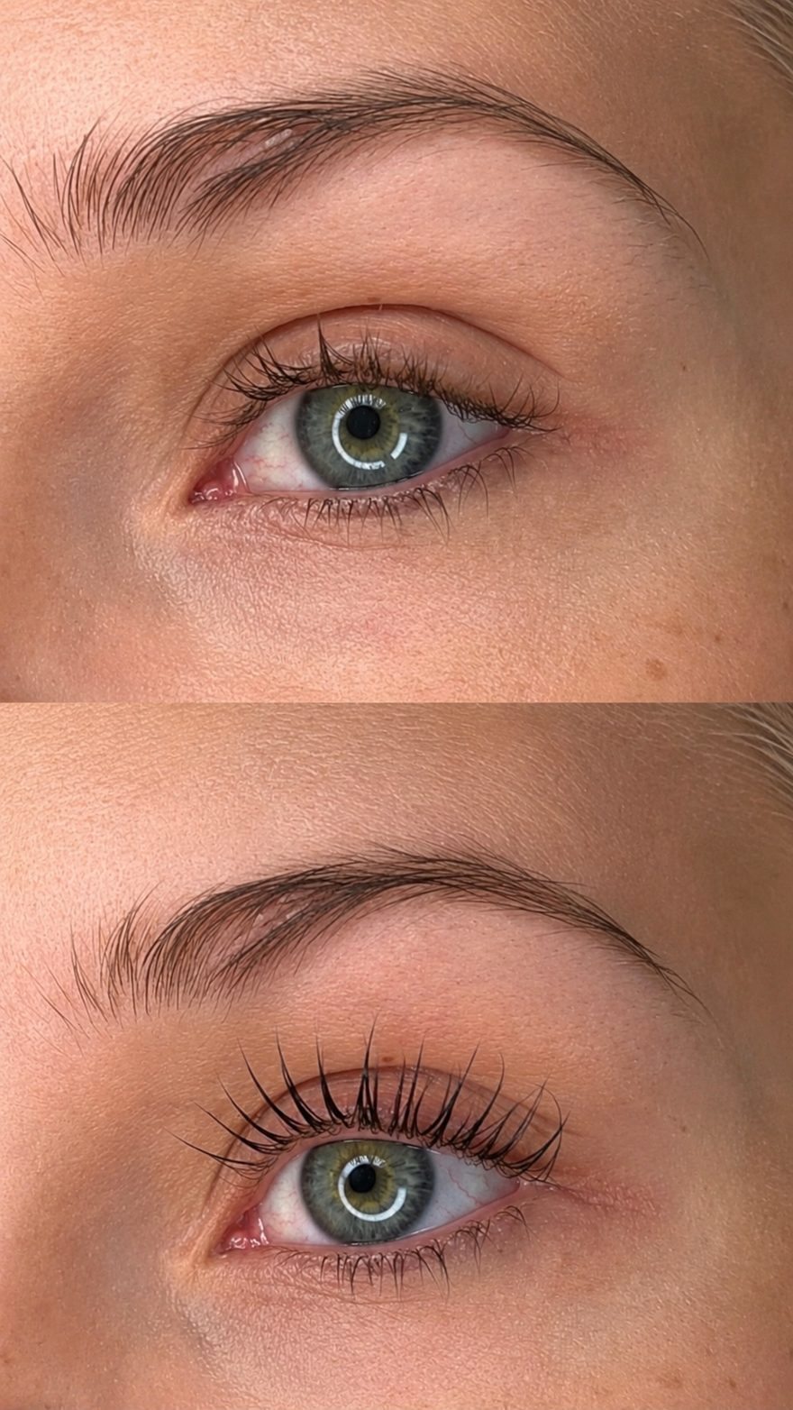 Före och efter lash lift — elevs första försök under utbildningen