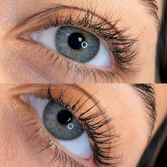 Före och efter på samma öga — fransarna kontrollerade med Hydrating Gel 3 i stället för ett nytt lash lift