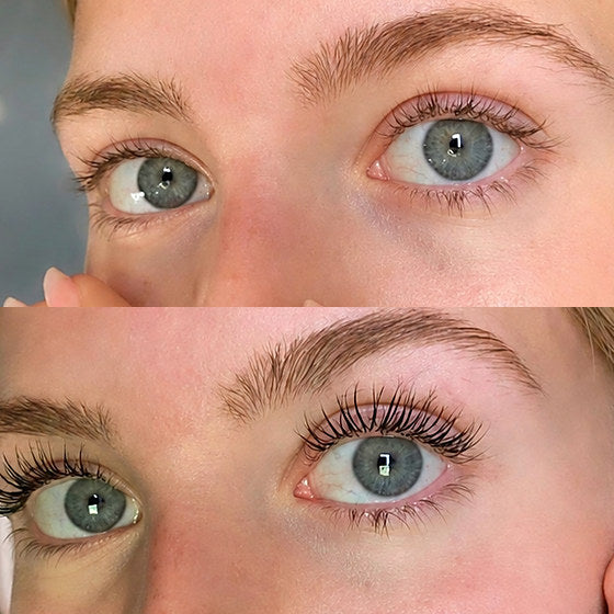 Före och efter på samma ögon — före utan mascara, efter två veckor med mascara